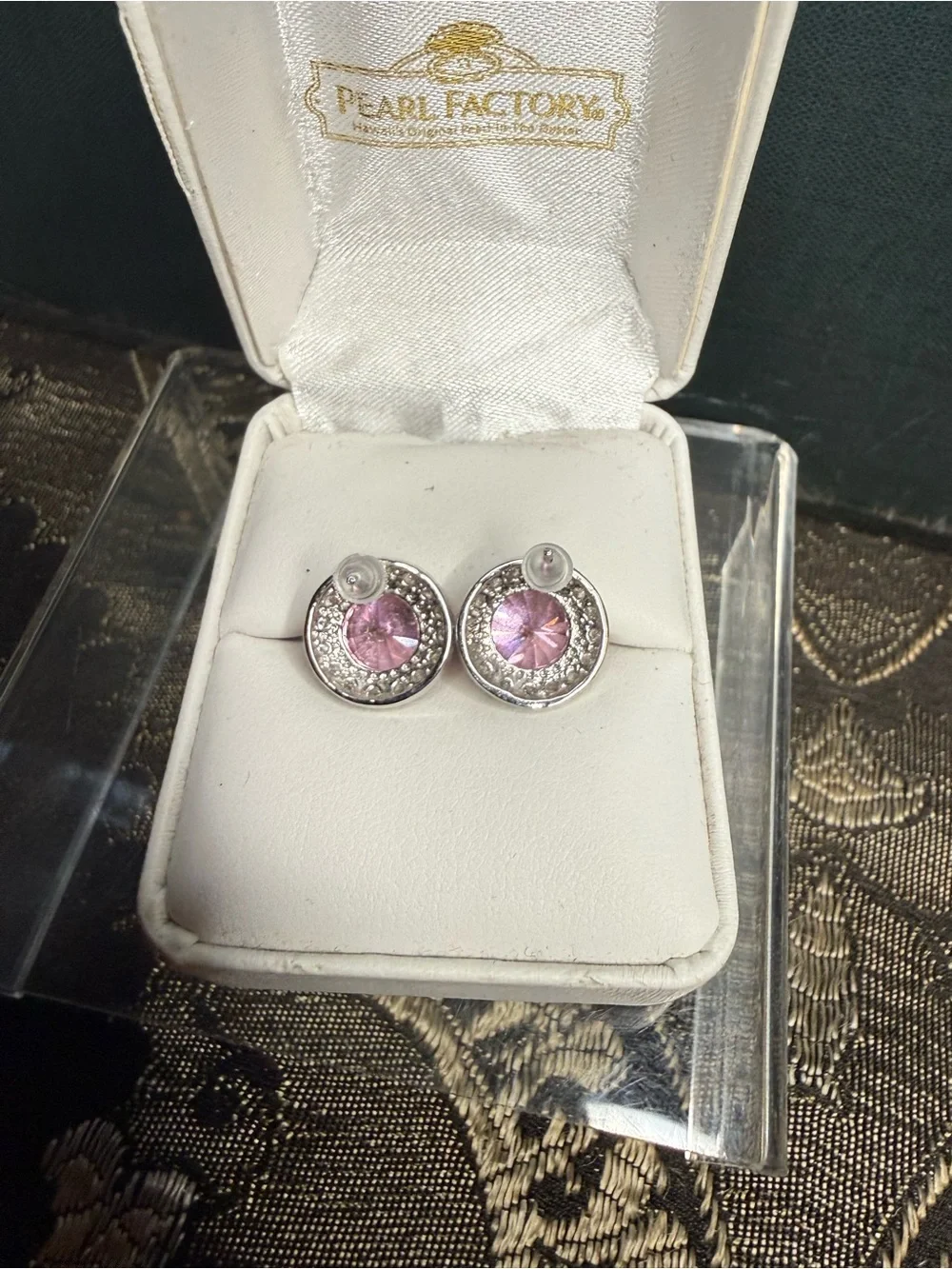 VTG Silver Tone Pink CZ Stud Earrings